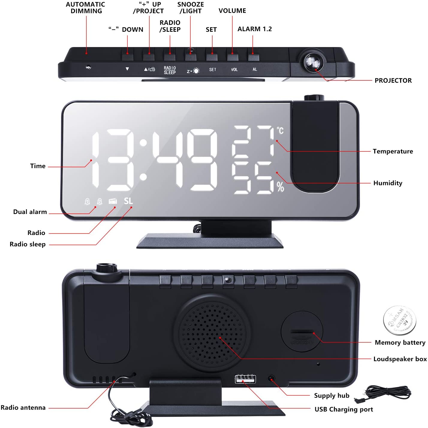 Digital Alarm Clock/Phone Charger w/LED Projector