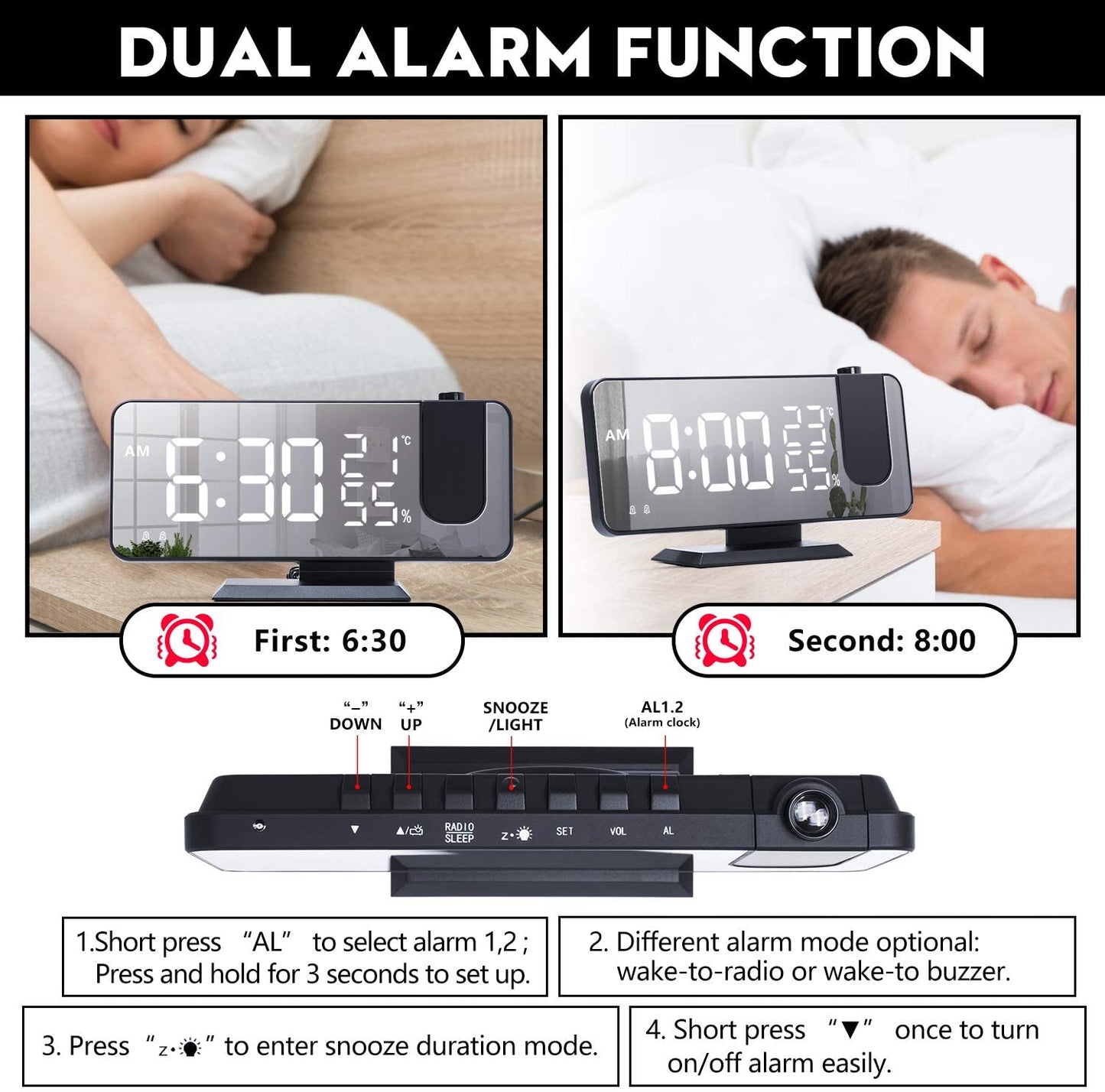 Digital Alarm Clock/Phone Charger w/LED Projector