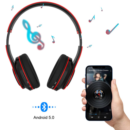 Sleek Red Foldable Over-Ear Bluetooth Headphones with Built-In Mic