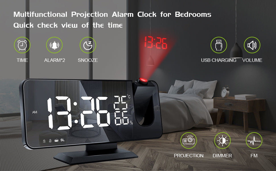 Digital Alarm Clock/Phone Charger w/LED Projector