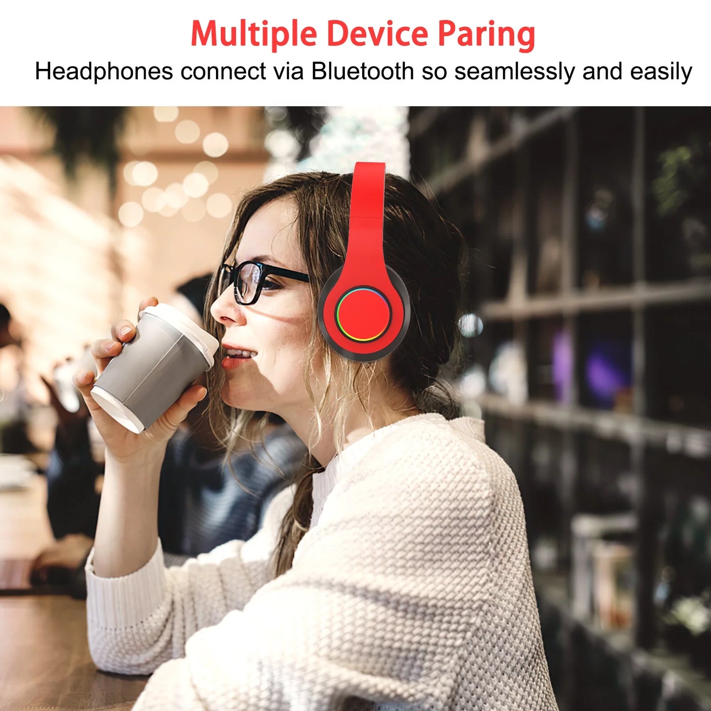 Sleek Red Foldable Over-Ear Bluetooth Headphones with Built-In Mic