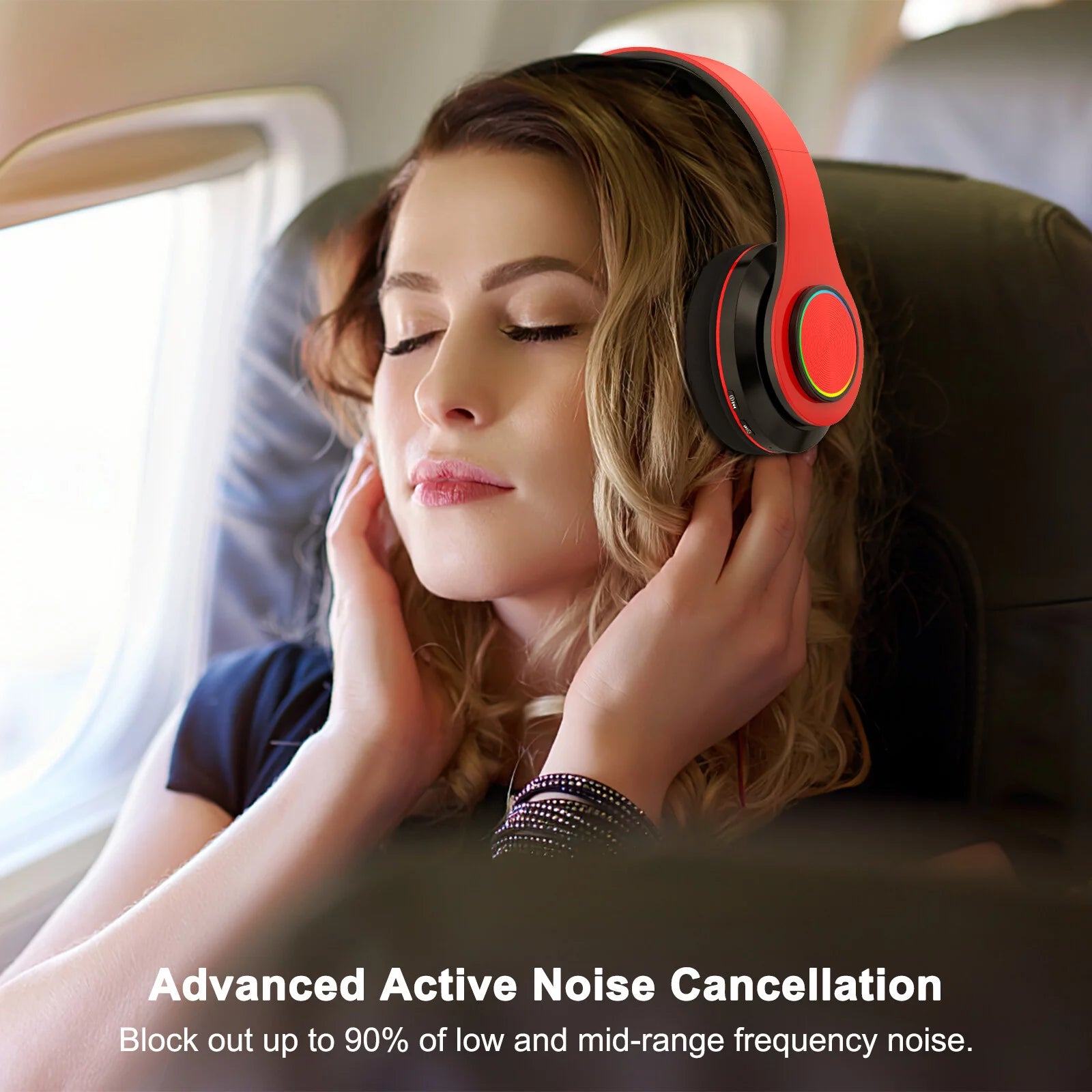 Sleek Red Foldable Over-Ear Bluetooth Headphones with Built-In Mic