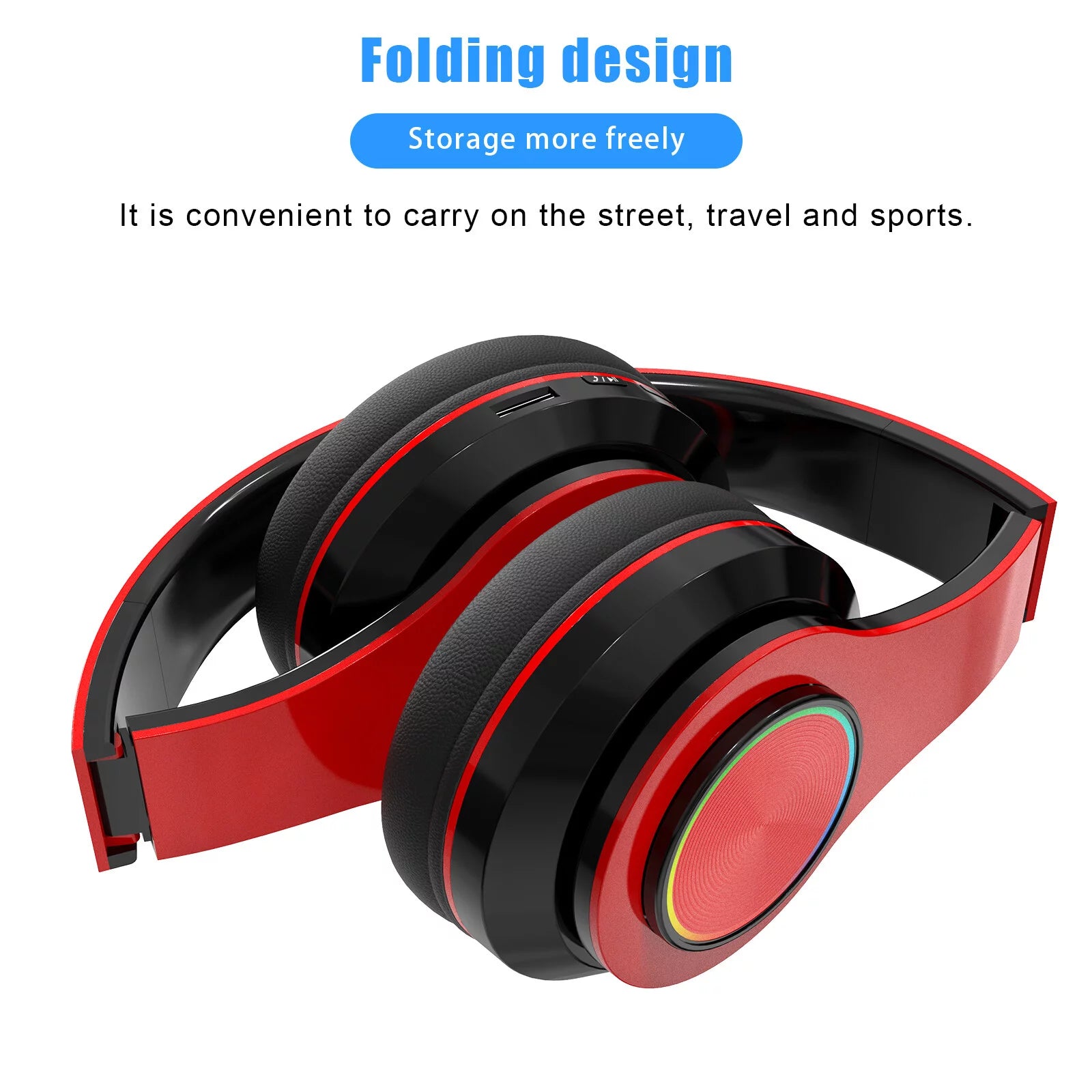Sleek Red Foldable Over-Ear Bluetooth Headphones with Built-In Mic