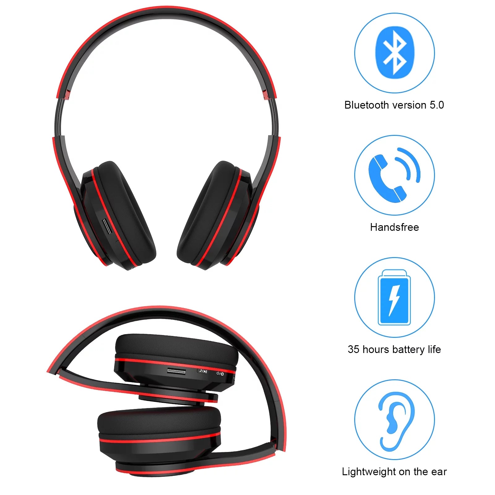 Sleek Red Foldable Over-Ear Bluetooth Headphones with Built-In Mic
