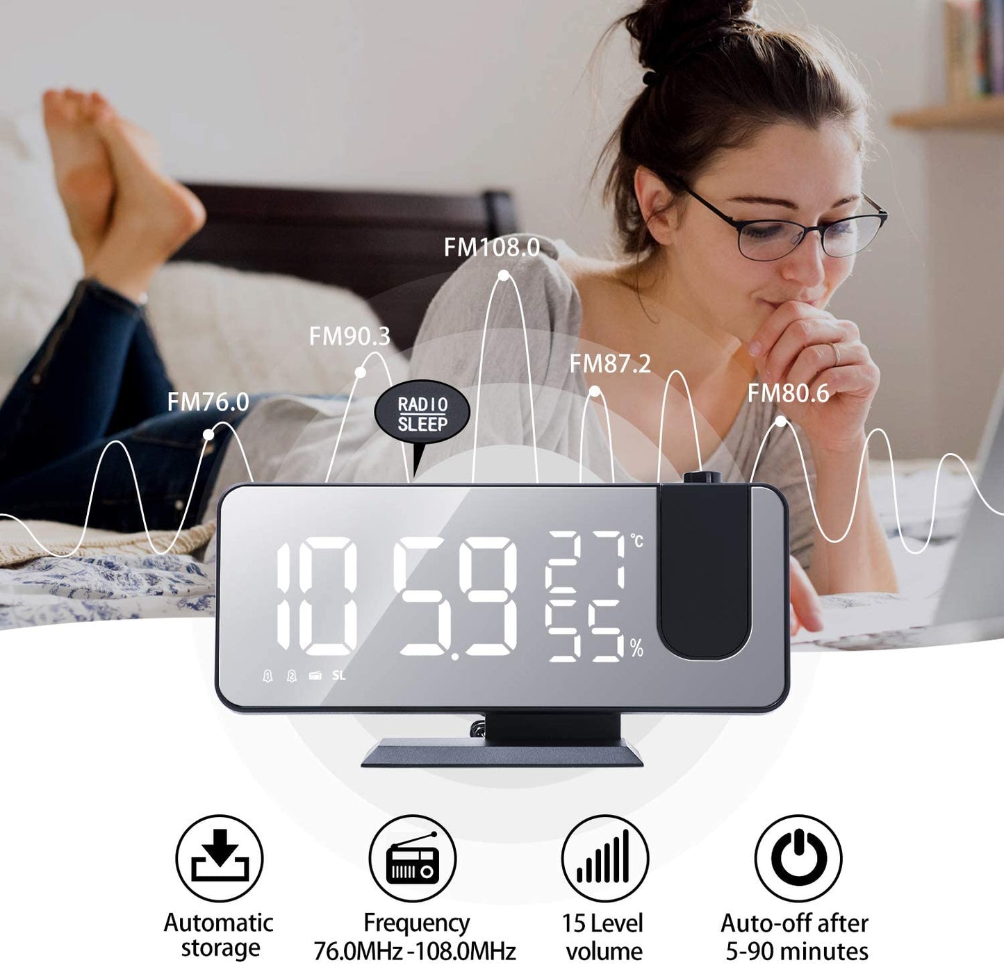 Digital Alarm Clock/Phone Charger w/LED Projector